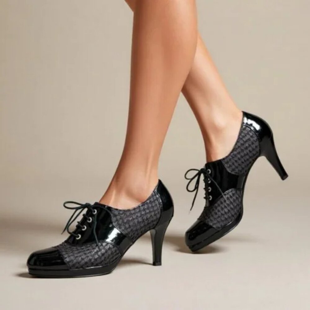 Anne Klein Black Houndstooth Patent Leather Cap Toe Loafer Booties Pump Heels 7